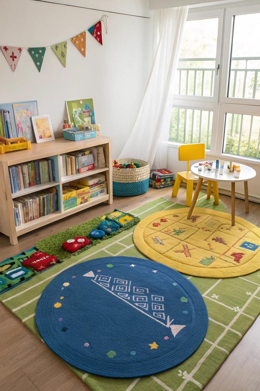 Rugs define spaces for various activities in a child's area.