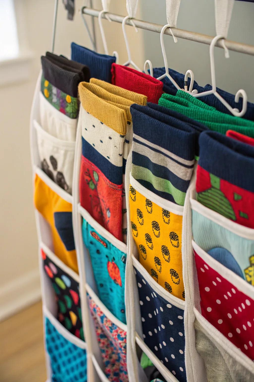 Conserve space with a handy hanging sock organizer.