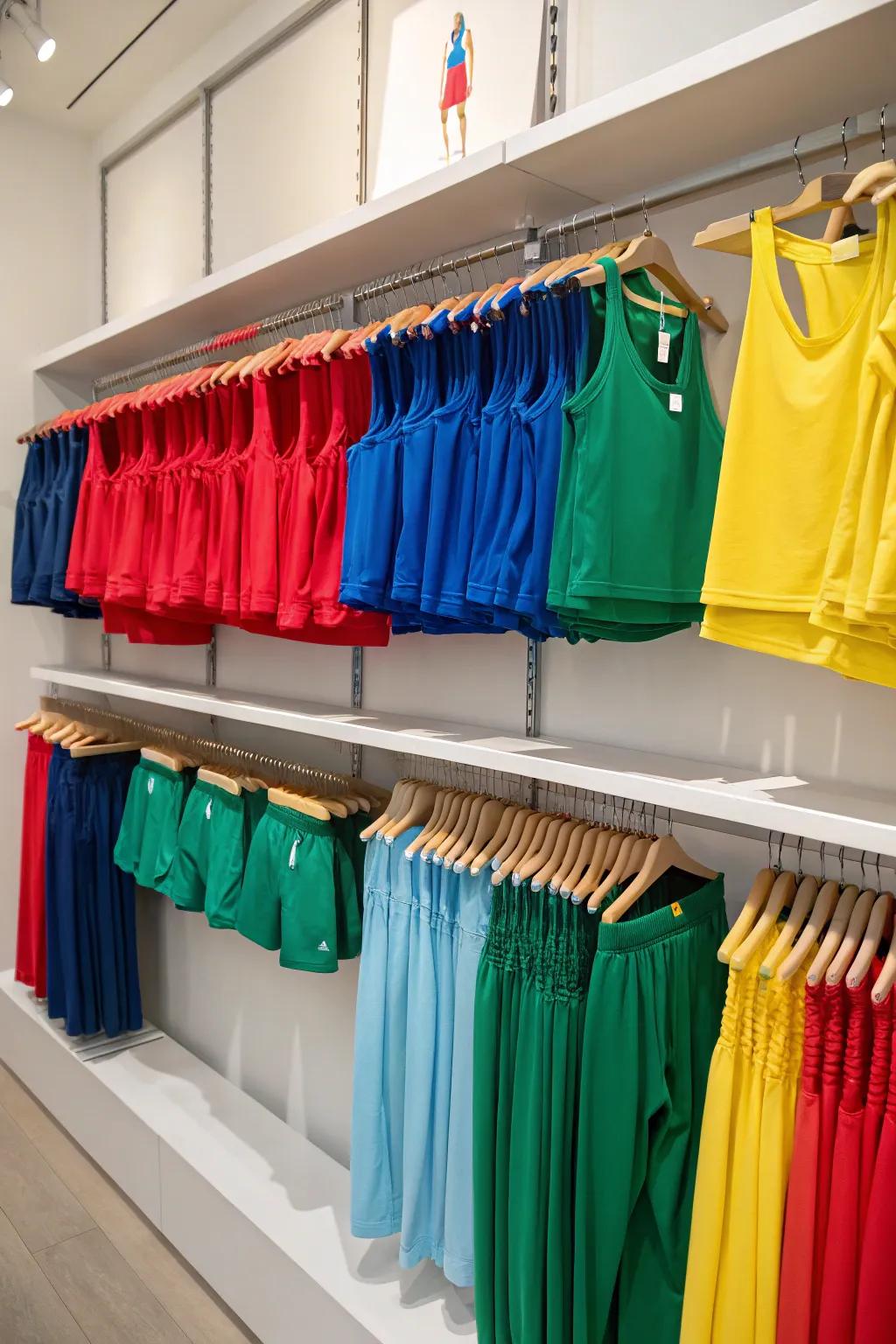 Color-coordinated workout clothing for an attractive closet.