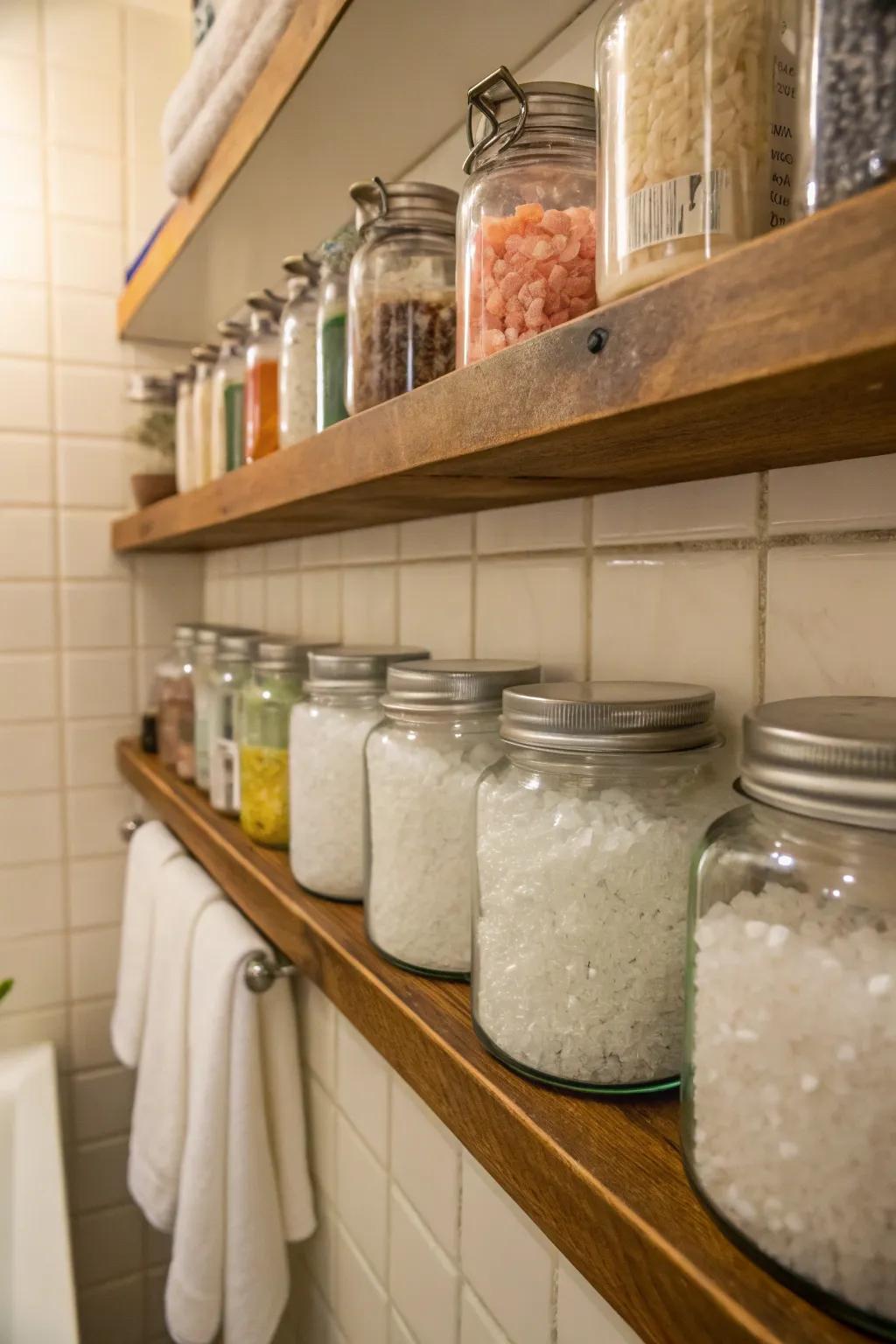 Aesthetic shelf display with assorted Epsom salts