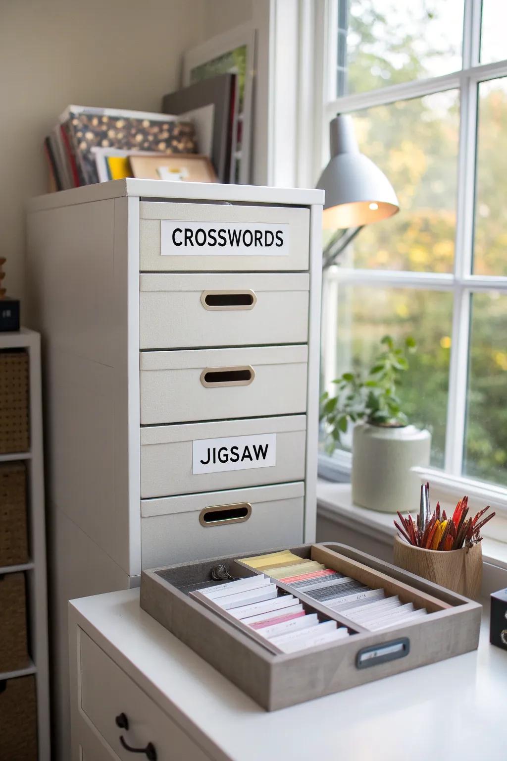 Drawer units for categorized puzzle storage.