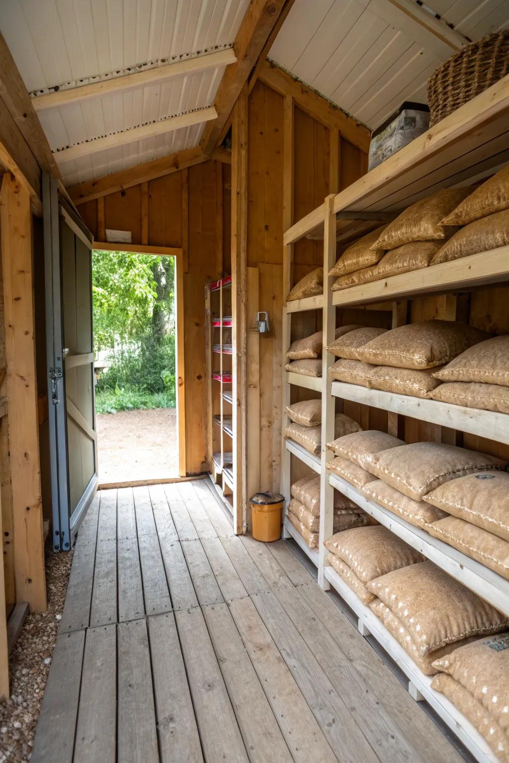 Shelves in sheds keep pellets organized and safe from water on the ground.