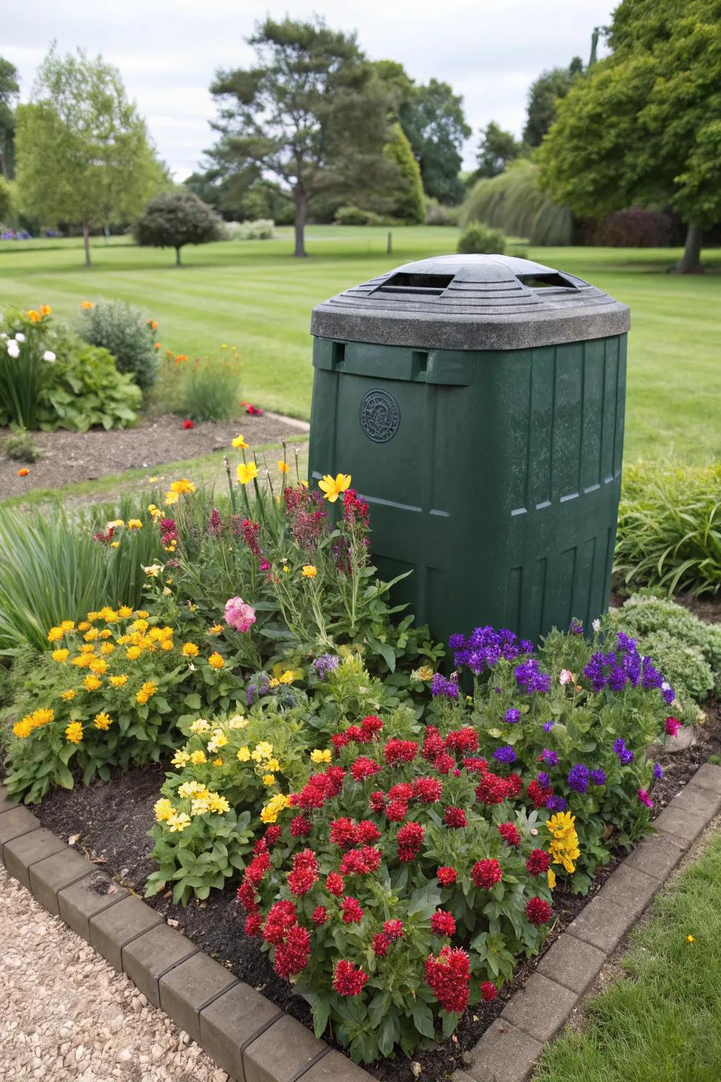 A cleverly concealed compost container that is beautifully incorporated into a flower patch of vibrant colors.