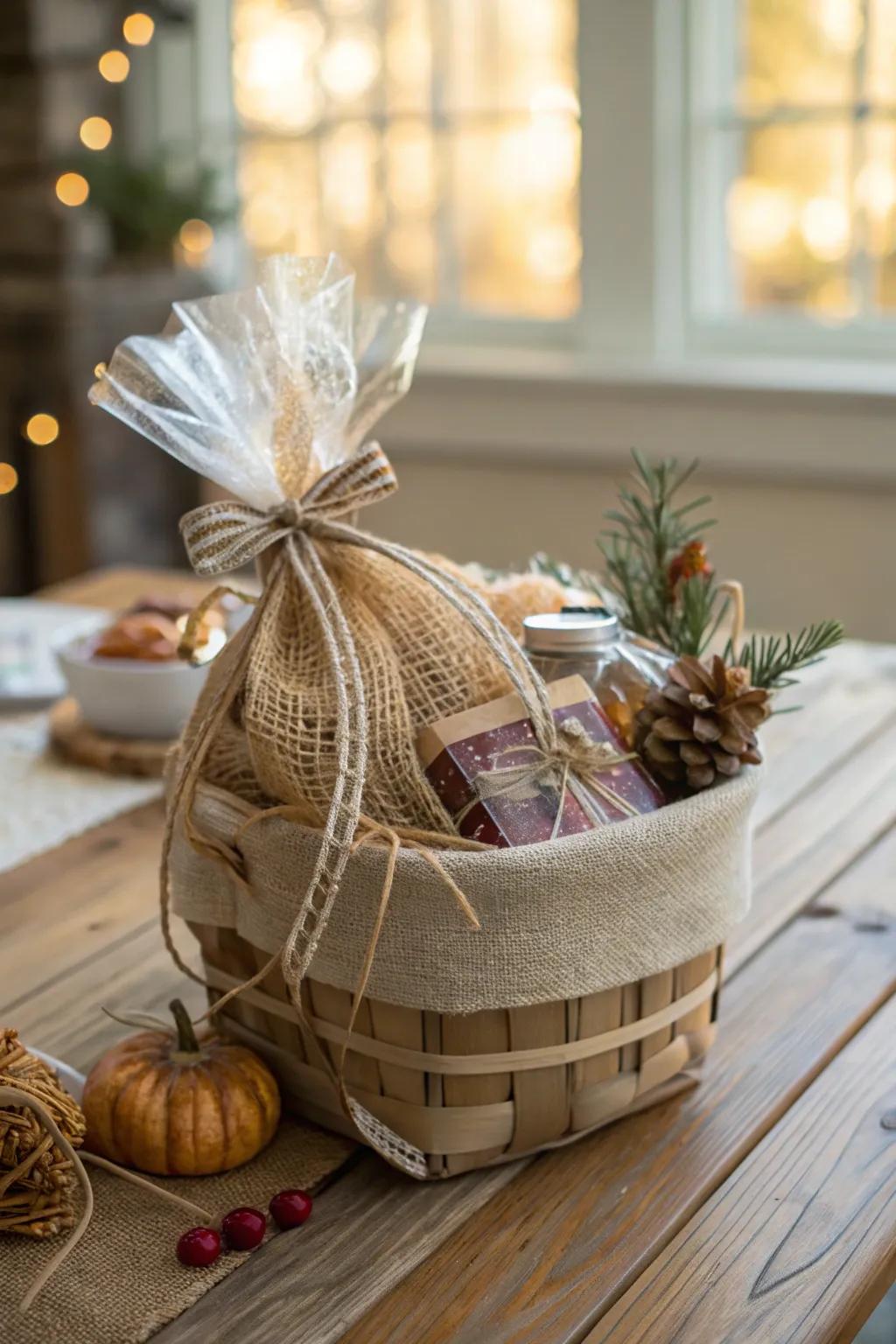 Burlap wrapping imbues any basket with rustic charm.