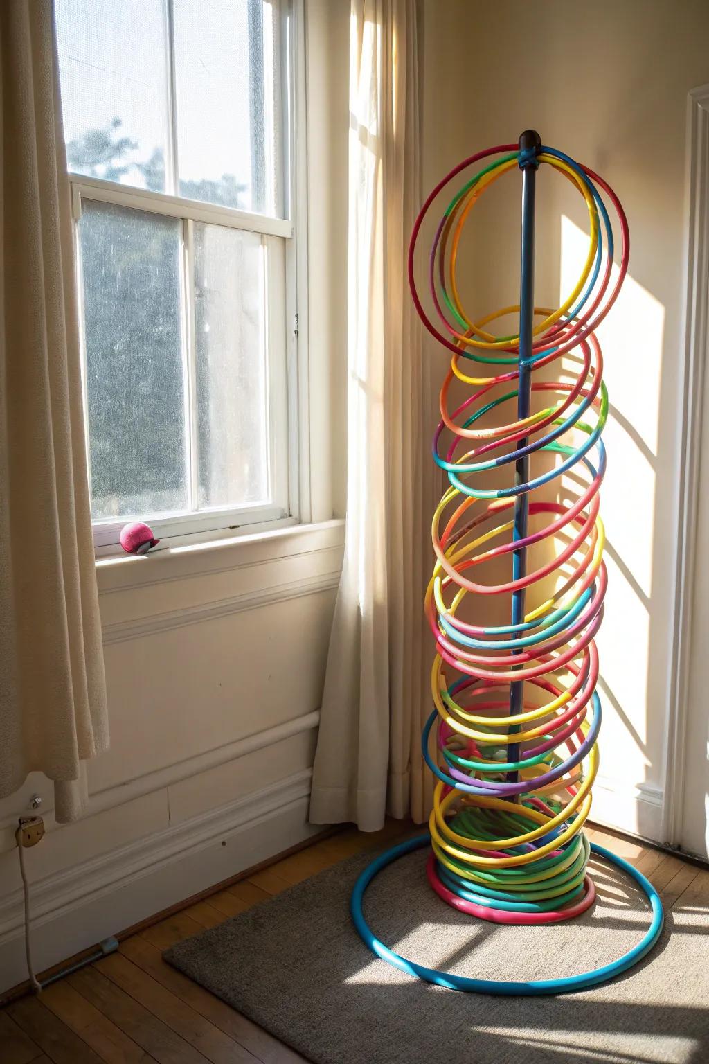 Creative circles stacked neatly on a standing pole, making an arranged and pleasing corner show.