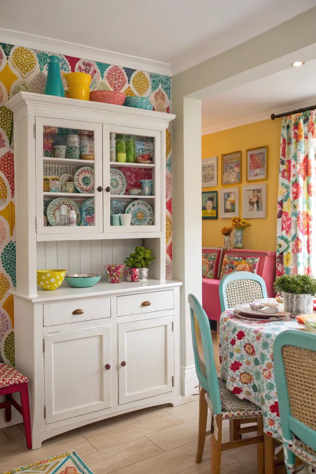 Patterned lining introduces a playful element to this hutch.