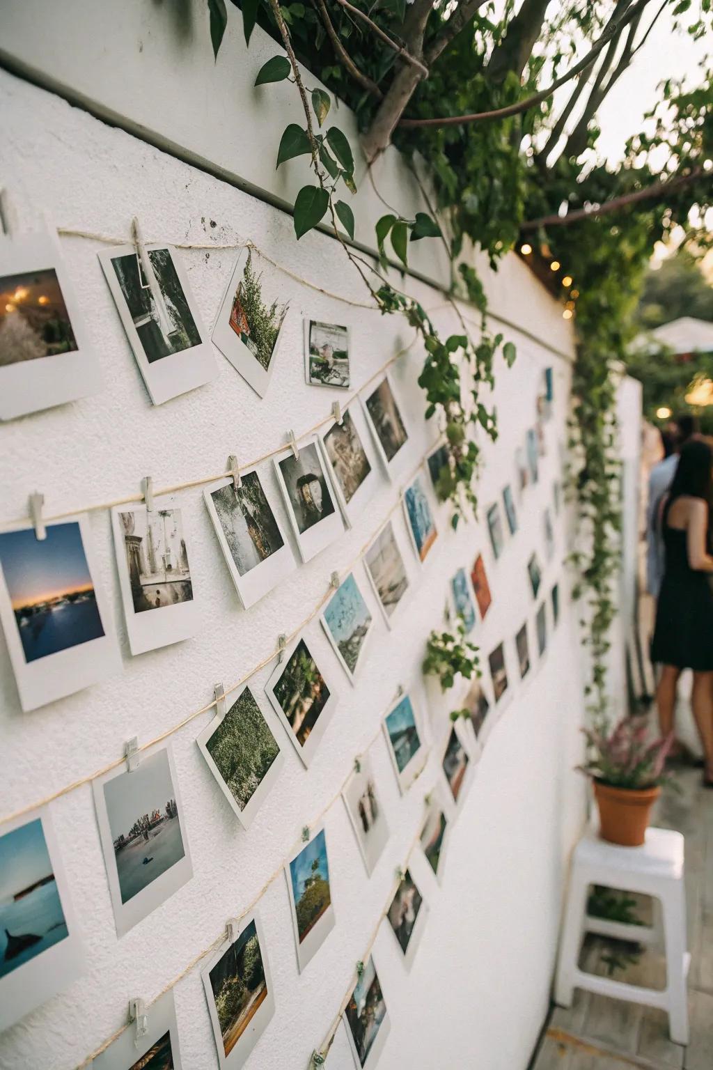 A Polaroid wall adds a personal and playful touch.