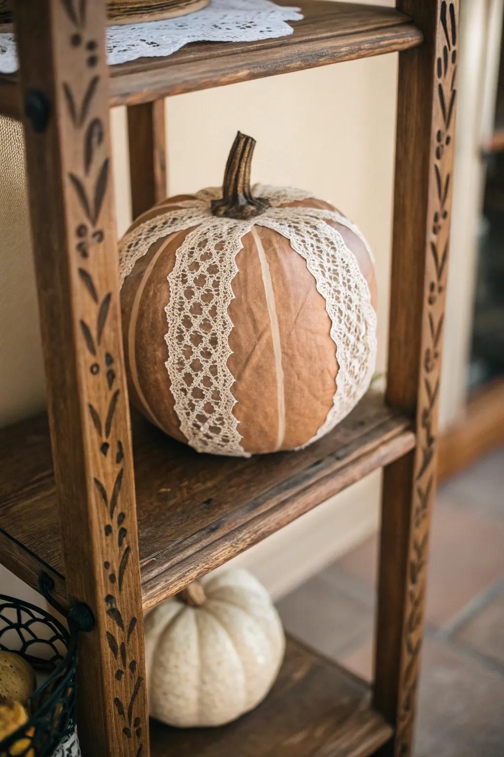 A lace-wrapped pumpkin bringing a touch of elegance to any room.