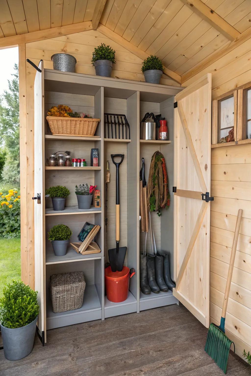 An arranged shed keeps tools handy and garden-ready.