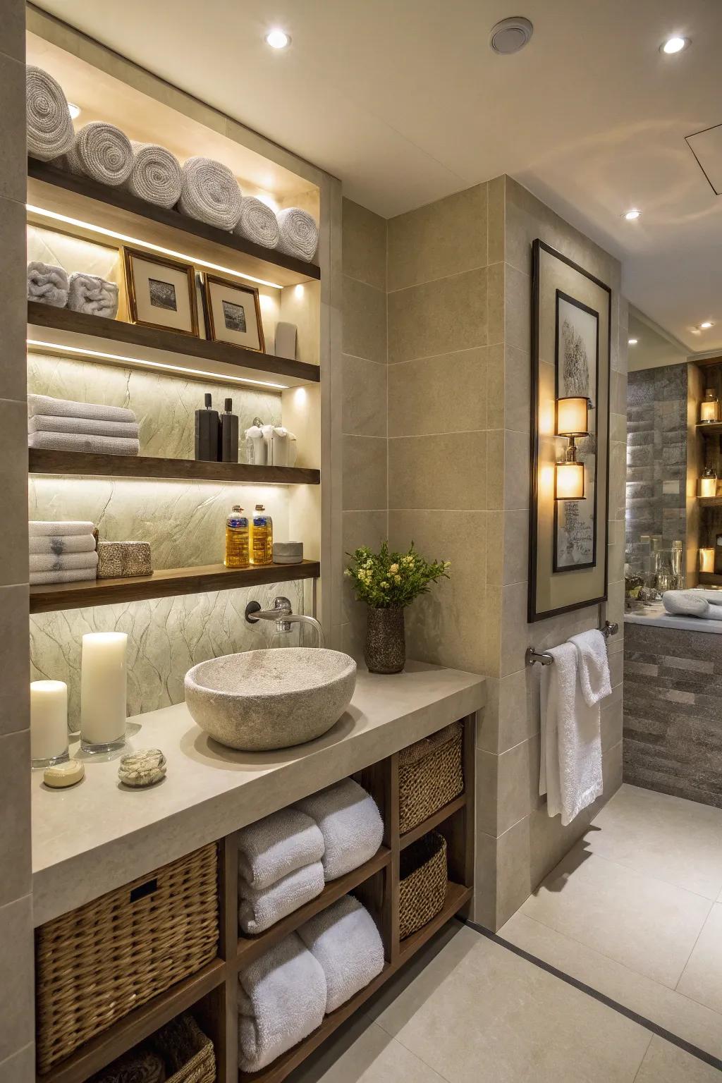 Design a spa-like bathroom experience with neatly organized built-in shelves.