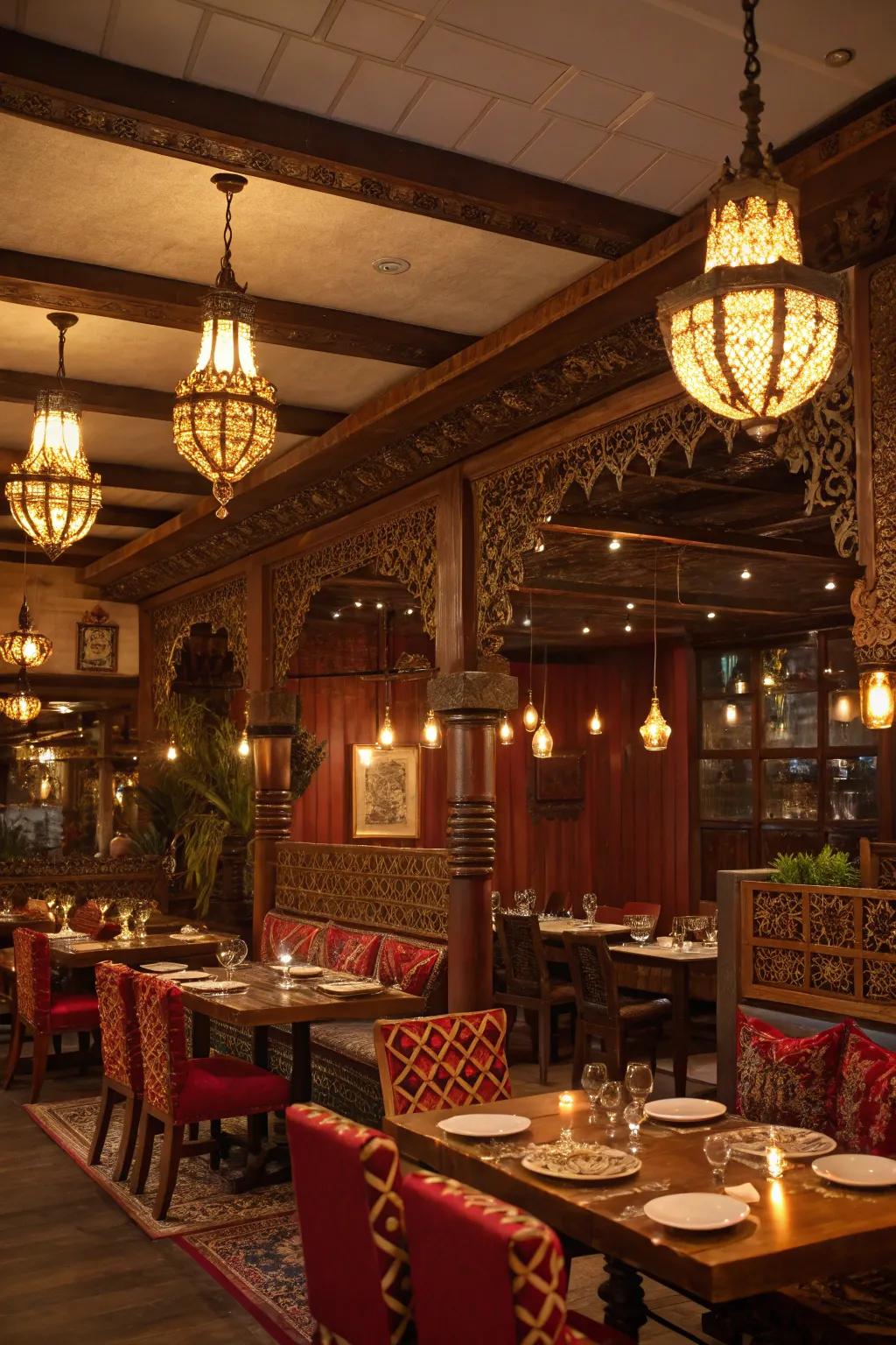 Warm chandelier and pendant lighting in an Indian restaurant.