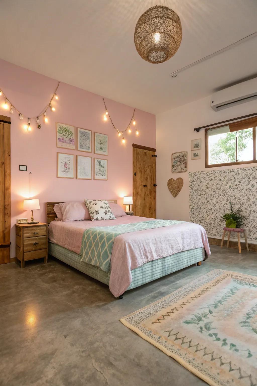 Soft pastel colors on a concrete floor create a serene atmosphere in this cozy bedroom.