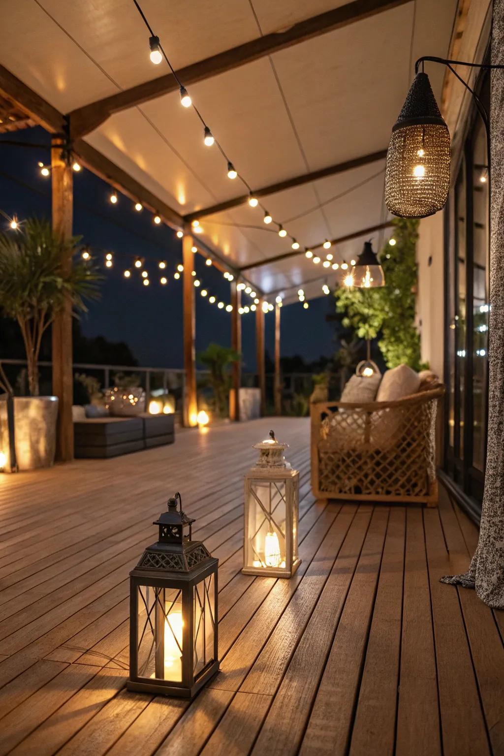 String lights add a magical glow to this indoor deck.