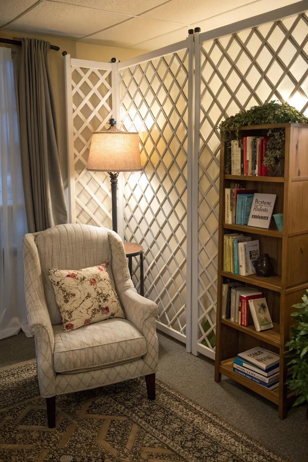 Lattice wall engendering a snug and welcoming reading corner.