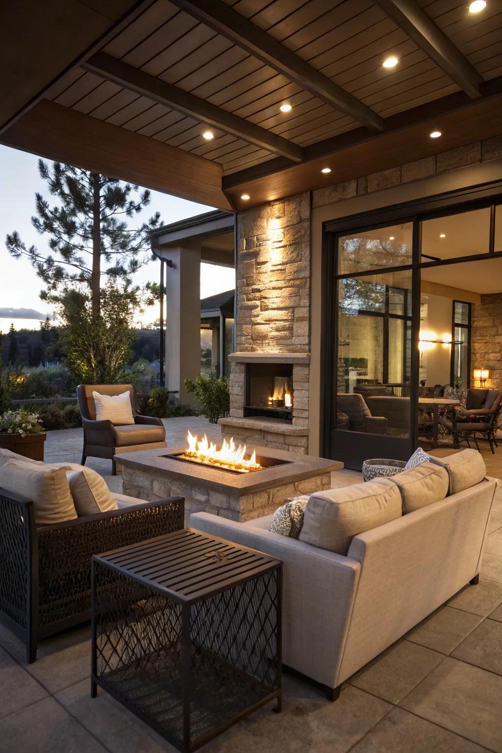 A fireplace adds warmth and ambiance to your indoor patio.