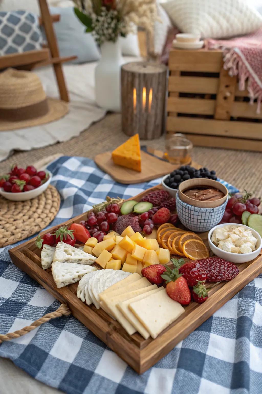 A stunning snack board serves as a focal point for the indoor picnic.