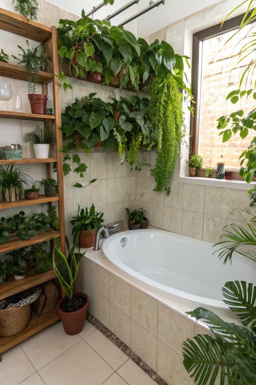 Design a serene bathroom escape with plants.
