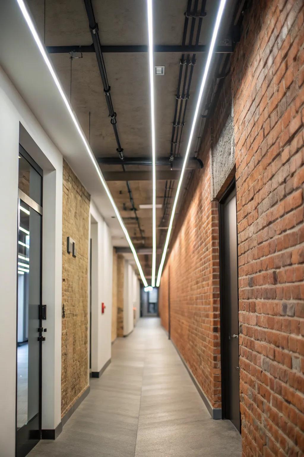 Urban loft passageway featuring elongated LED illumination