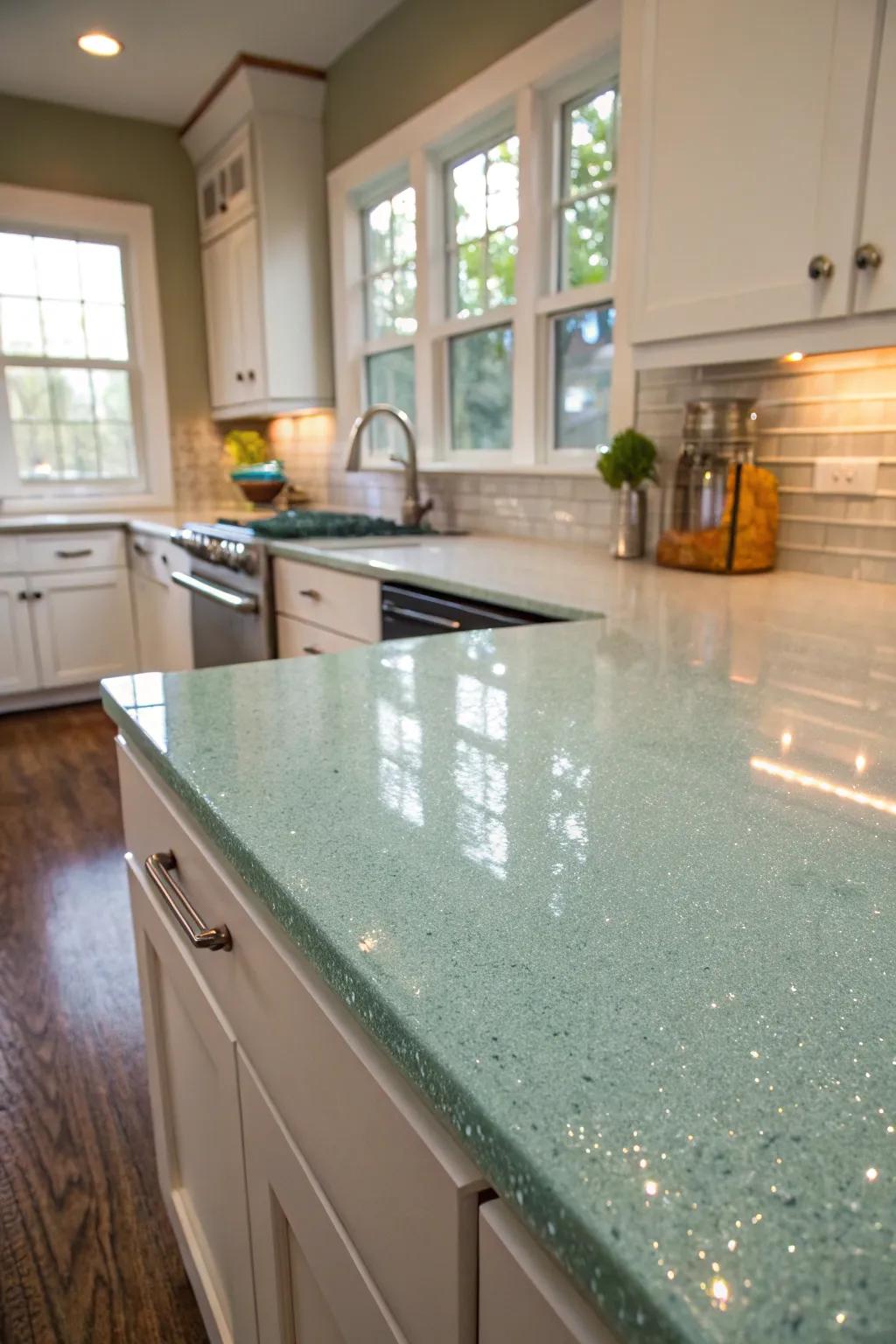 Recycled glass countertops offer a unique and eco-friendly kitchen solution.