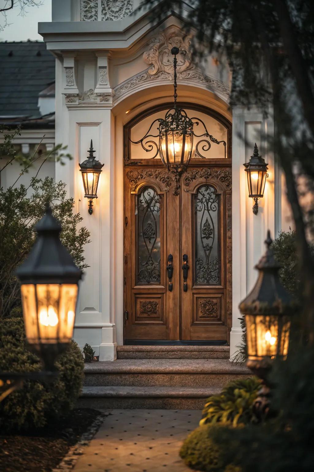 Lights include an ageless appeal to this built-in front entrance.
