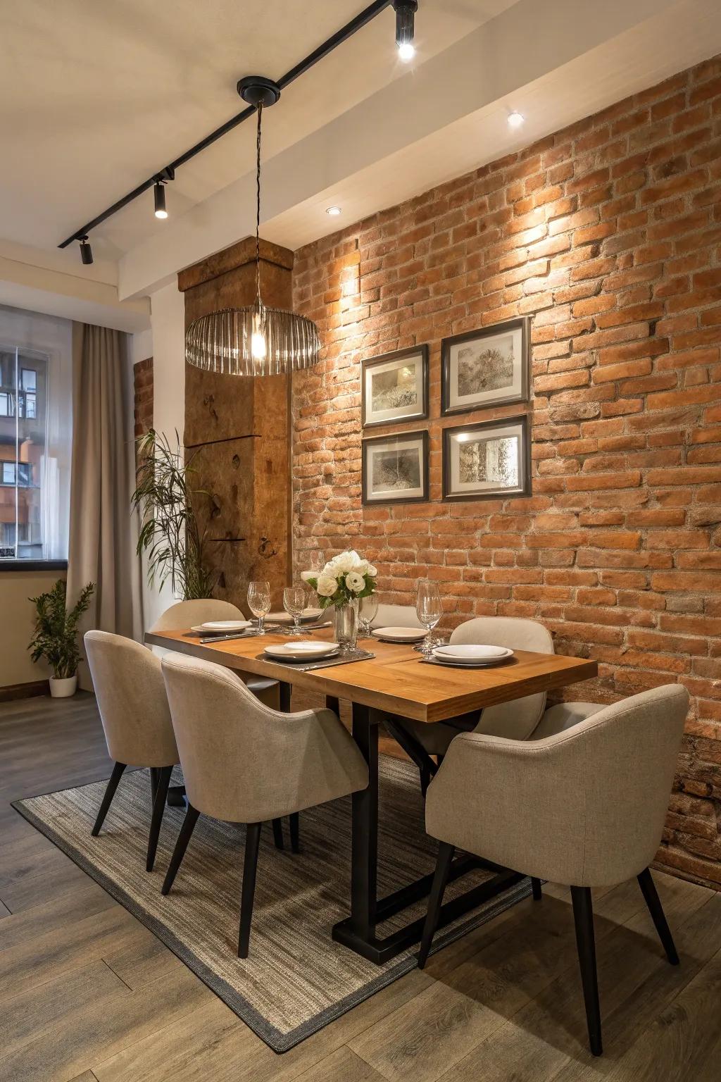 An inviting dining area with a brick wall backdrop, adding elegance and warmth to meal times.