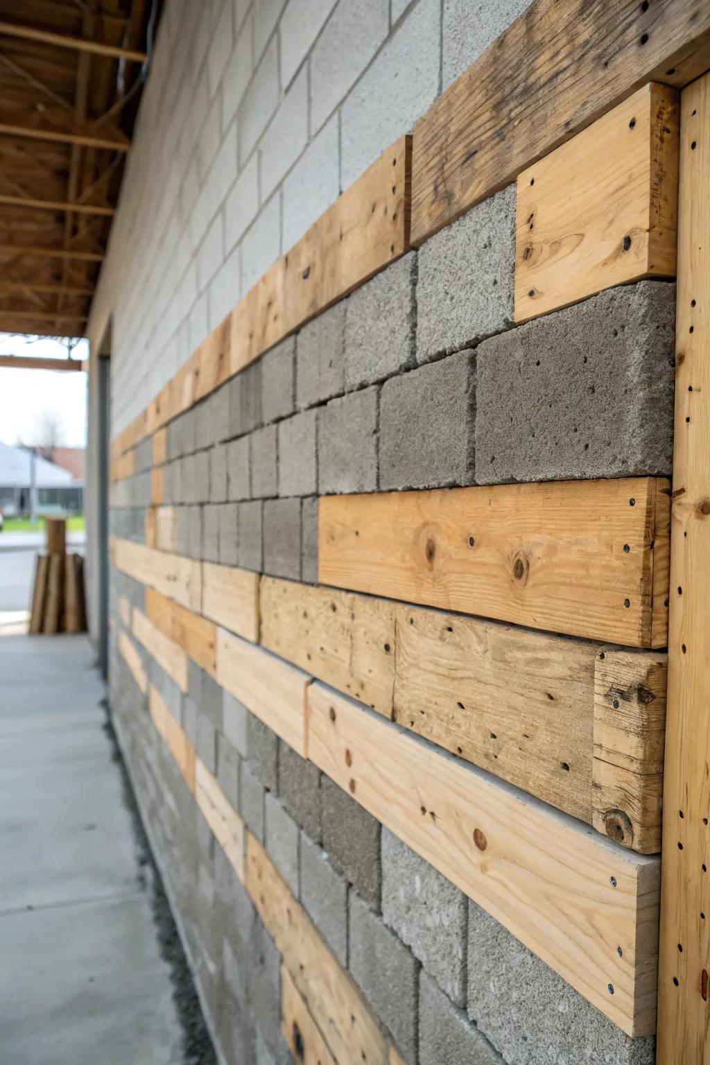 Reclaimed wood paneling adds warmth to a cinder block wall.