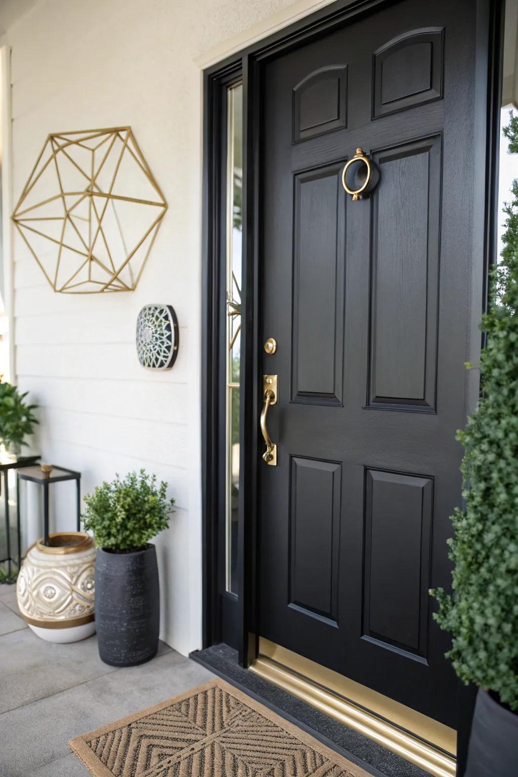 A timeless dark door gives enduring elegance to the entrance.
