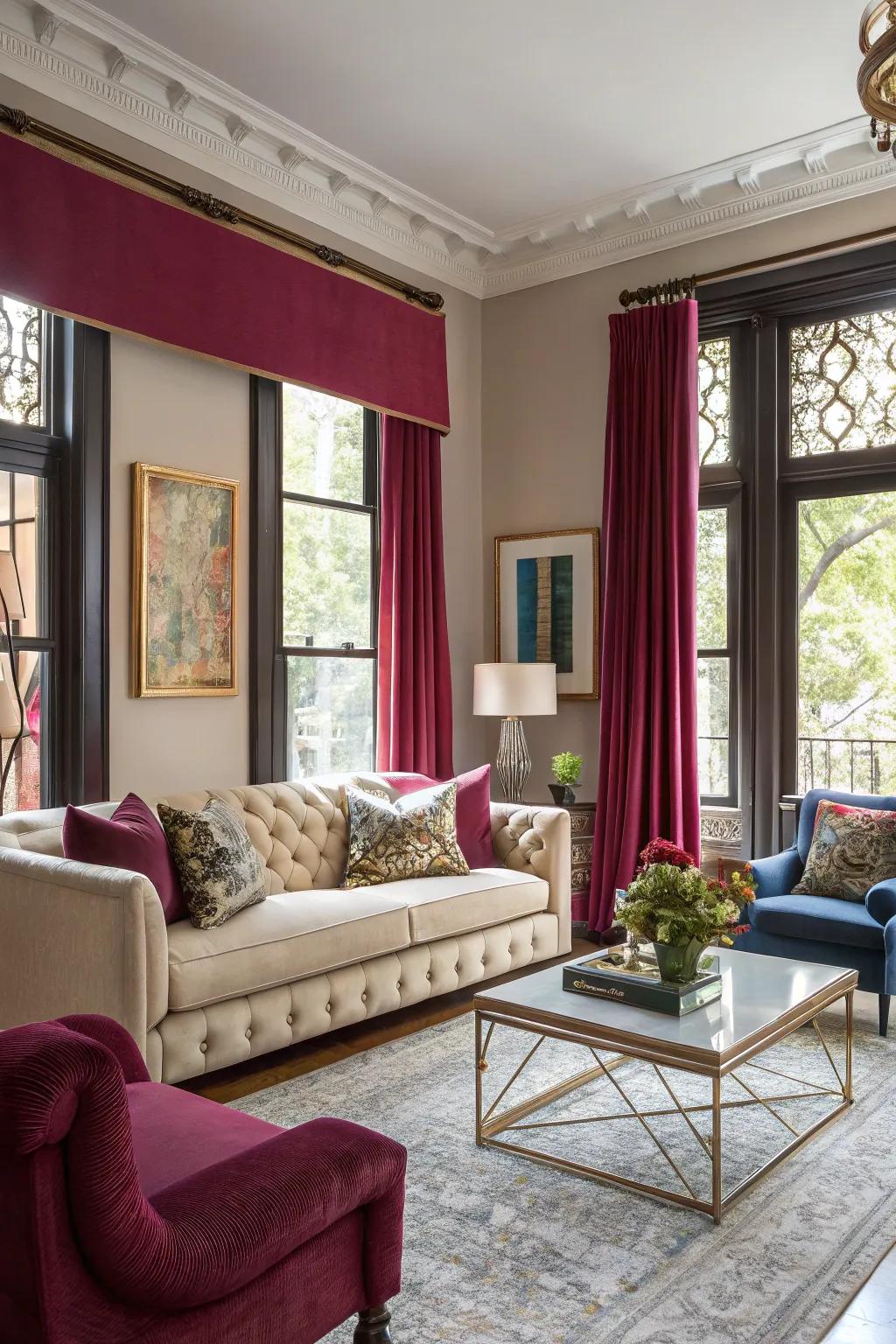 Gem-toned frames bring drama and sophistication to the room.