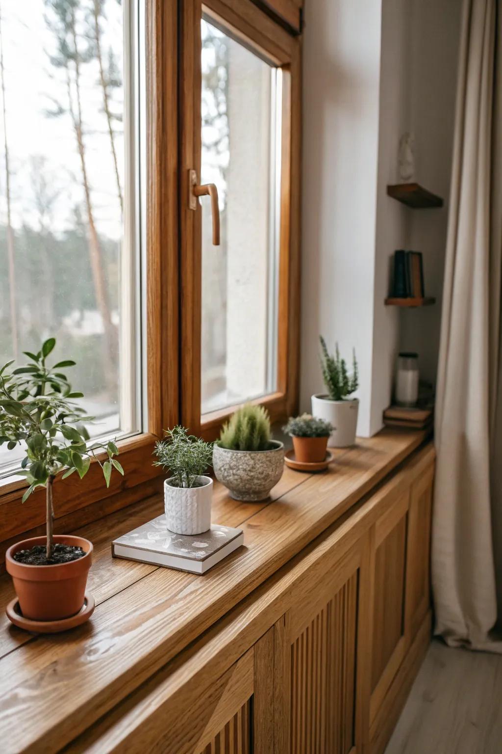 A window sill with natural wood trim, harmonizing with the room's wooden decor.