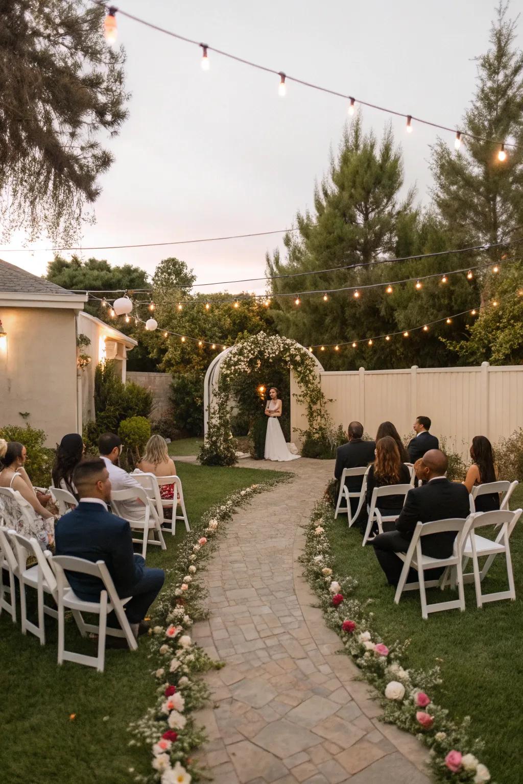 A circular seating arrangement creates an intimate ceremony atmosphere.