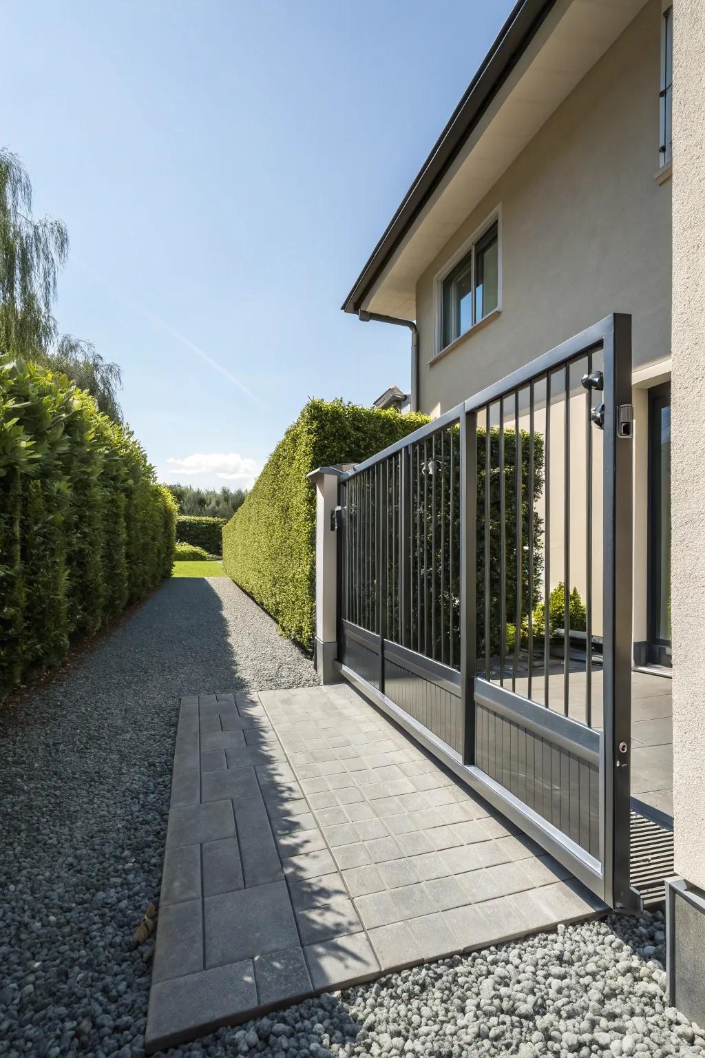 A space-efficient sliding iron gate for modern driveways.