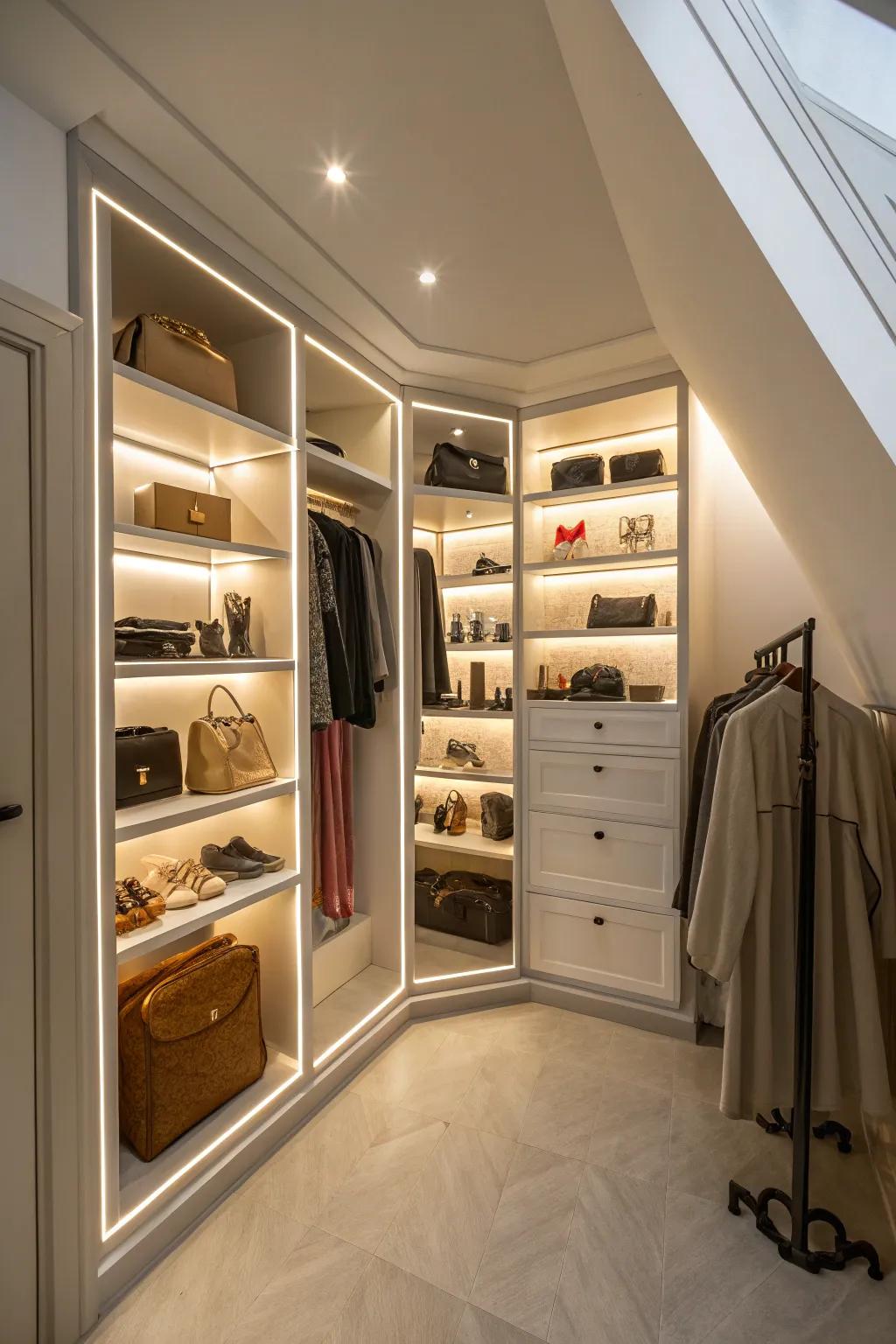 Strategic lighting enhances and highlights the features of an irregular closet.