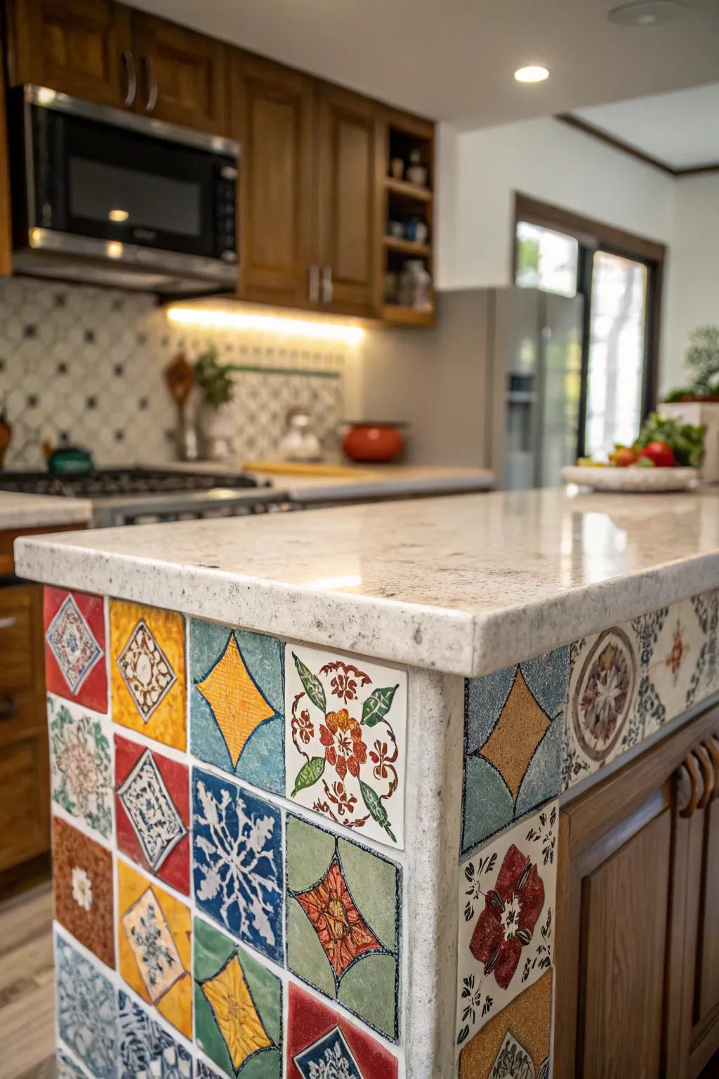 Tile countertops adding a splash of color and textural interest to a kitchen island.