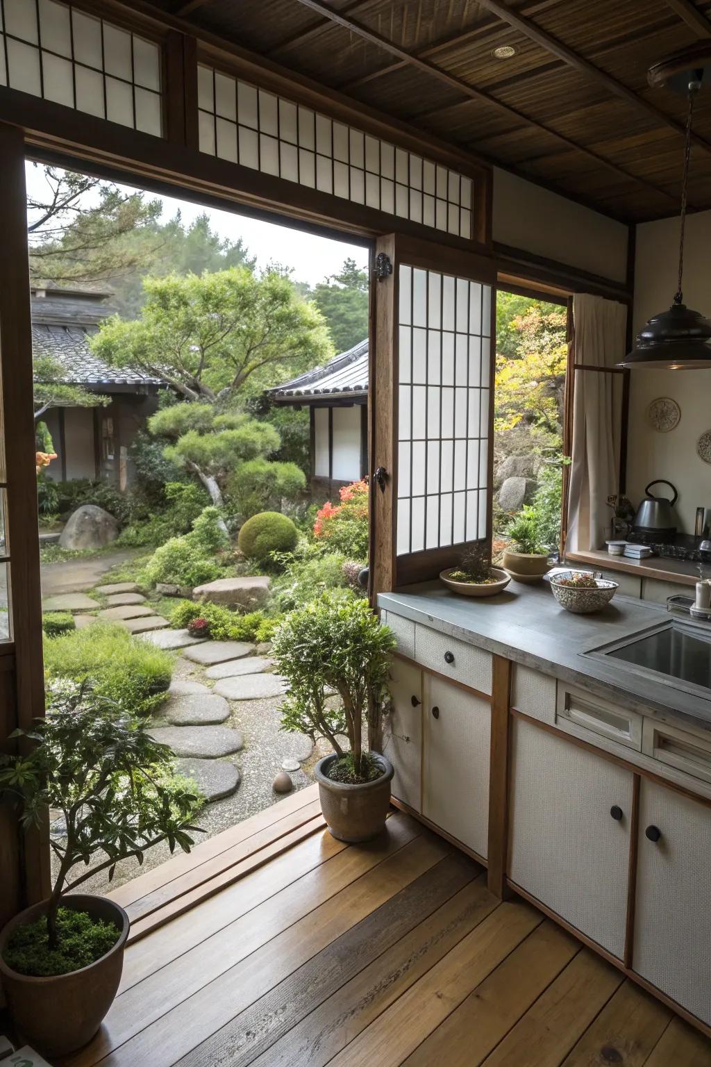 Bringing the outdoors in transforms this Japanese kitchen into a lively space.