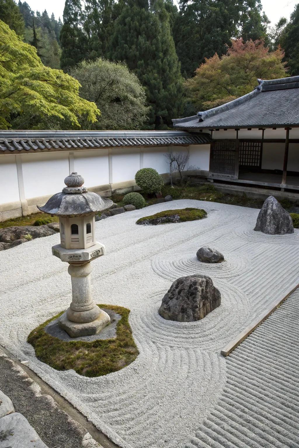 A Zen garden featuring raked gravel alongside minimalistic aspects.