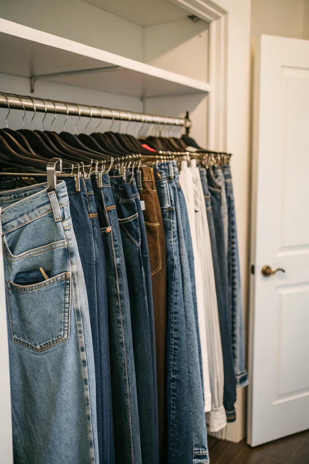 Pinch hangers deliver a wrinkle-free storage approach for jeans.