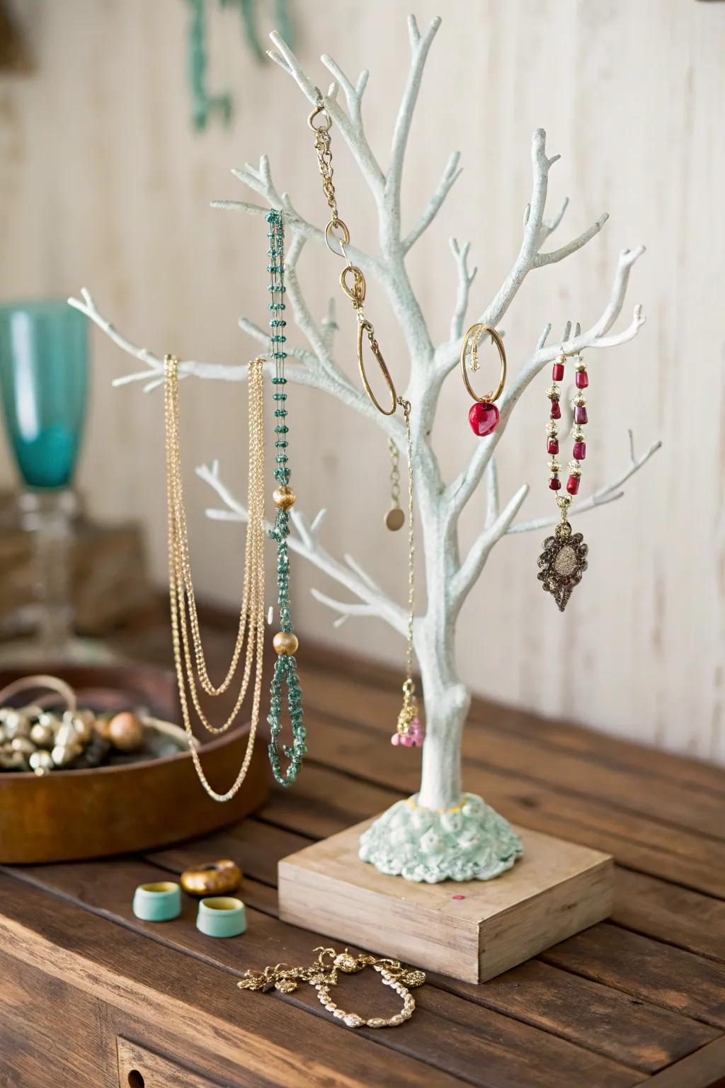 A DIY jewelry tree display