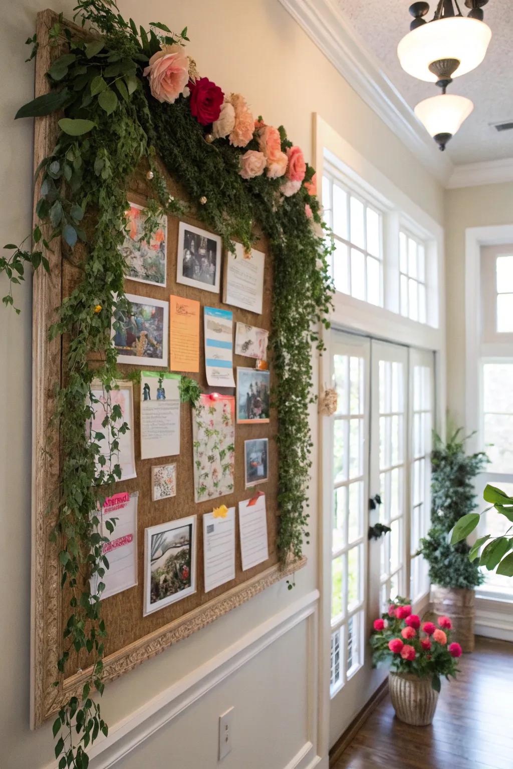 A display board honoring nature with vegetation and flower decorations.