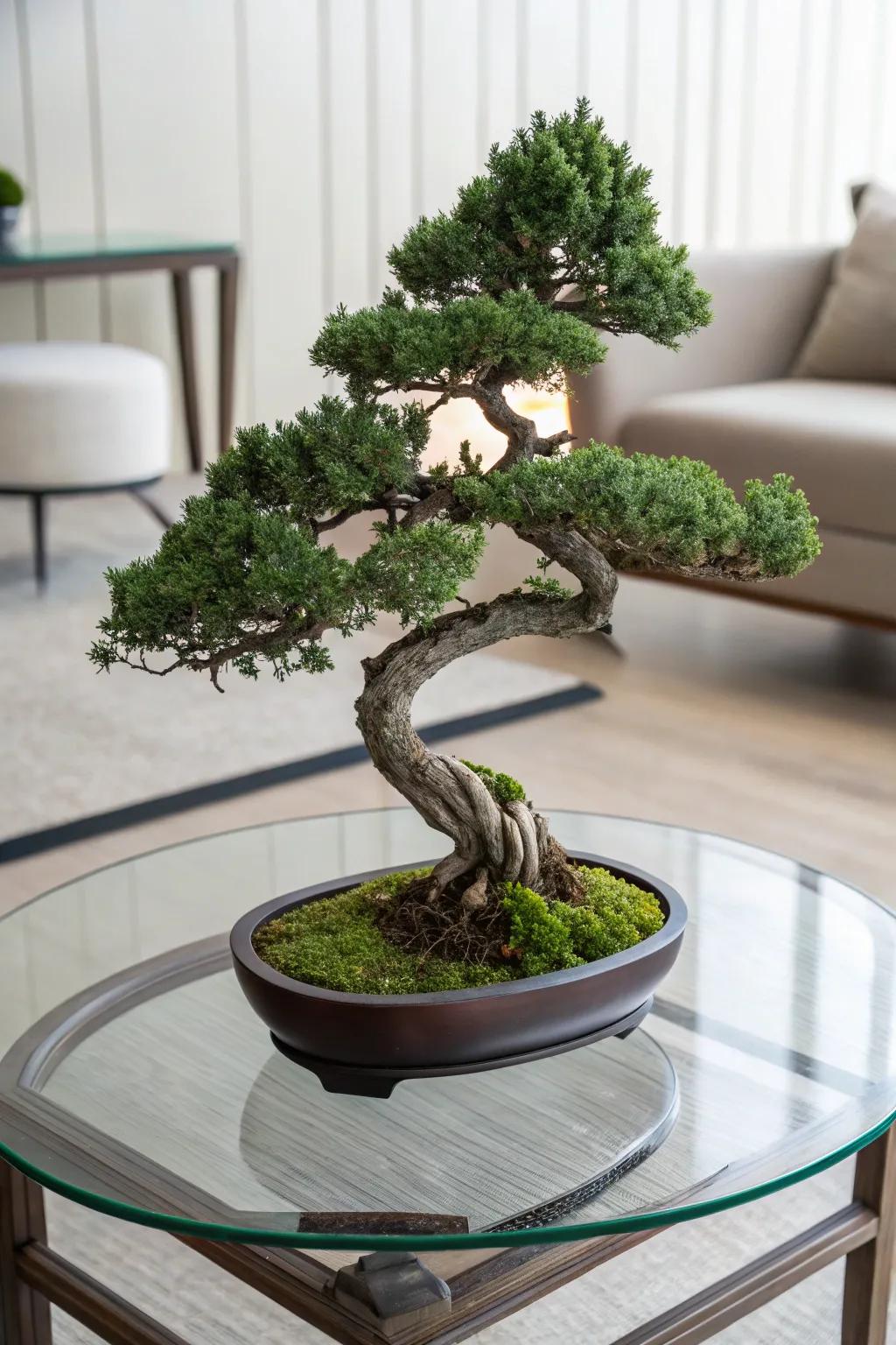 A semi-cascading juniper bonsai introducing grace to a modish glass coffee table.