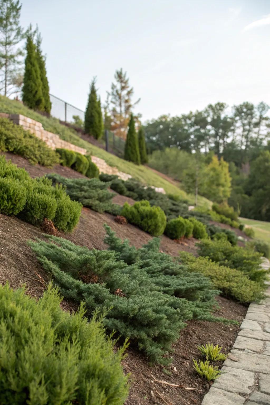 Low-growing evergreens effectively covering slopes