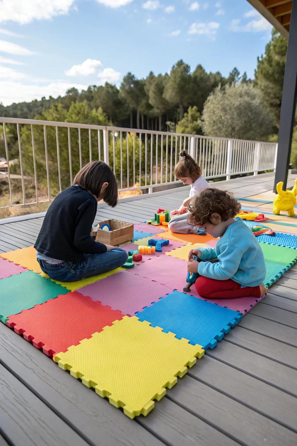 A deck covered with vibrant cushioned tiles where kids are sitting and playing using toys.