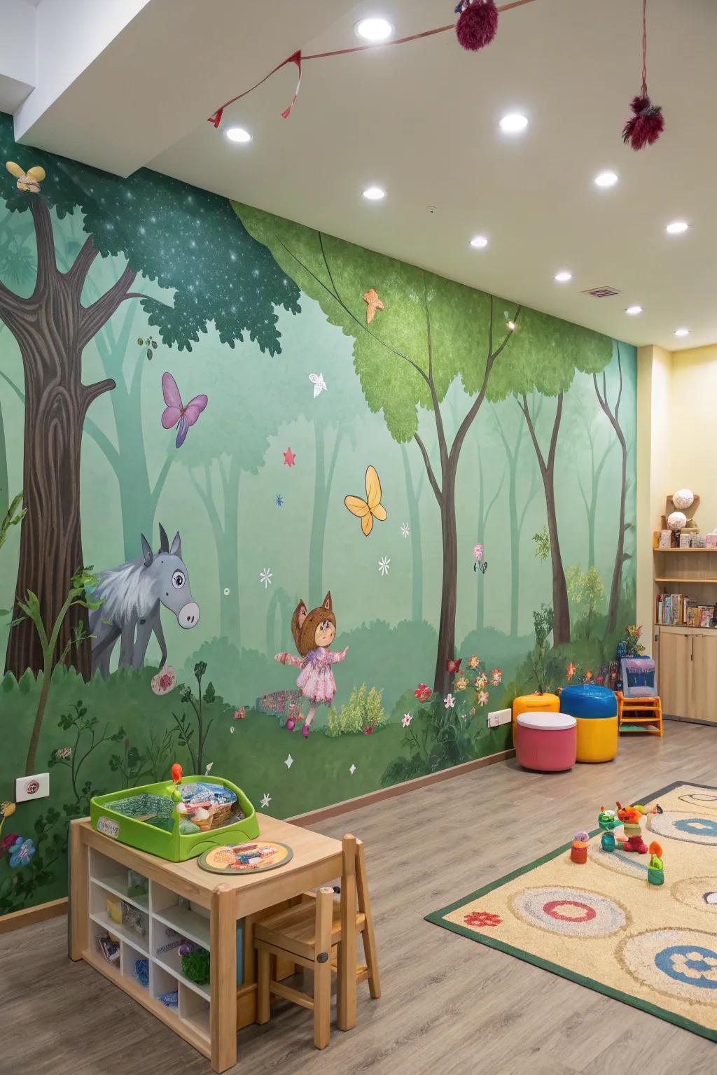 A playroom transformed into an enchanted woods with whimsical wallpaper.