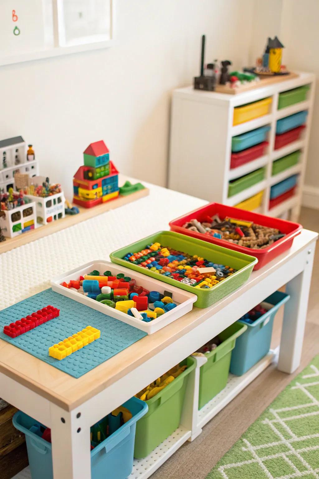 Block-building table, the perfect area for young builders.