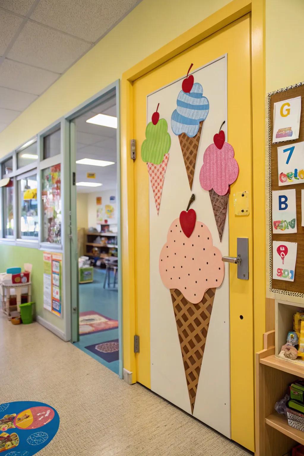 A kindergarten door embellished with spirited gelato pyramid designs.