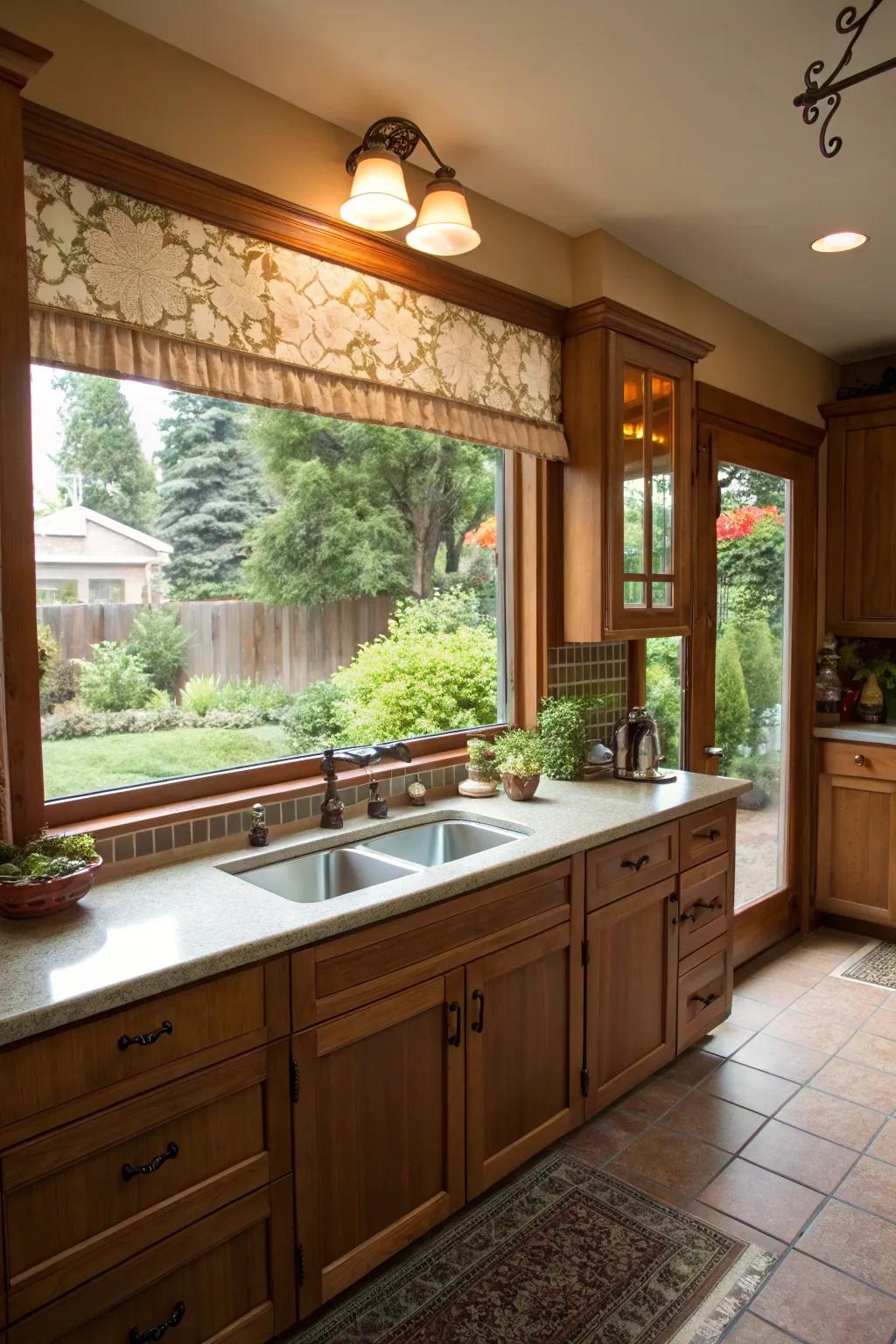 Awning windows above the sink provide fresh air and a pleasant view, enhancing the kitchen’s appeal.