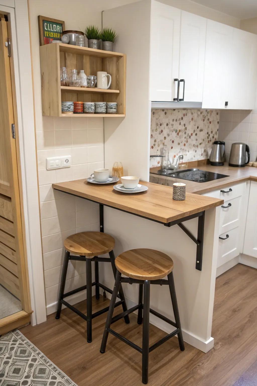 A folding table delivers adaptability in a small kitchen.