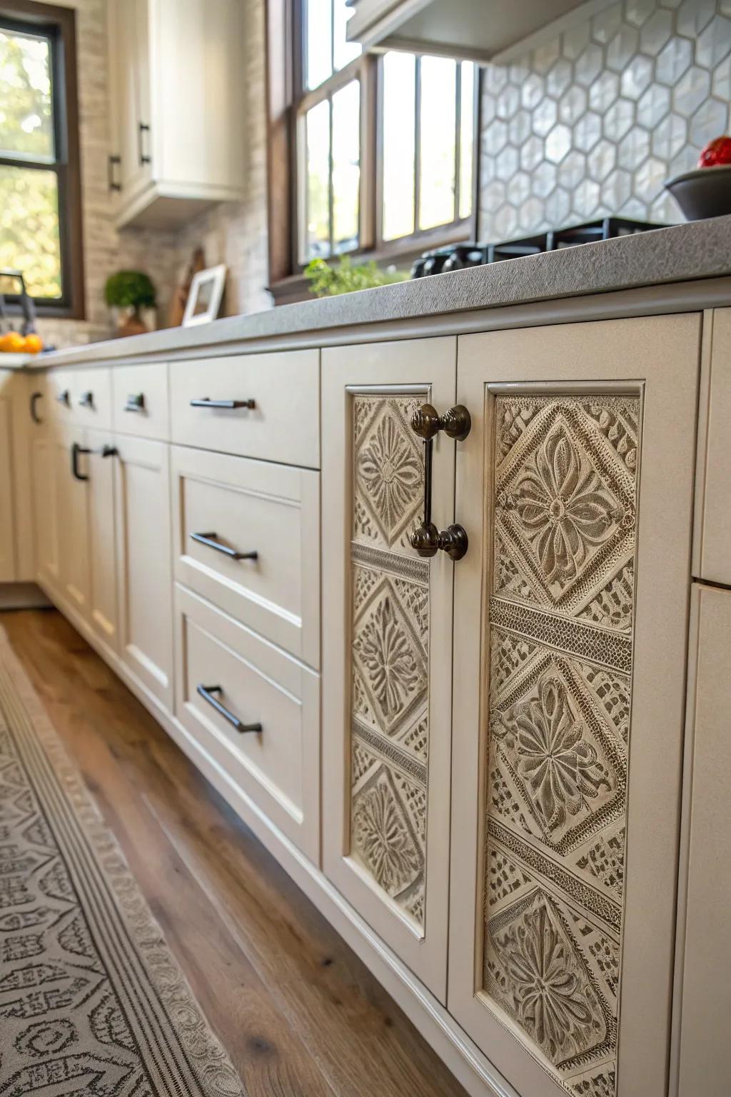 Textured hardware adds a tactile and visual interest to cabinets.