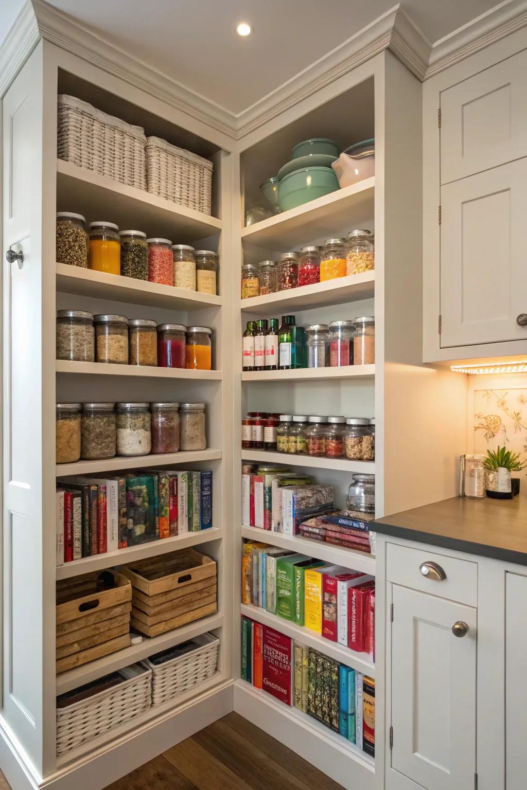 A floor-to-ceiling pantry adds elegance and storage to kitchen corners.