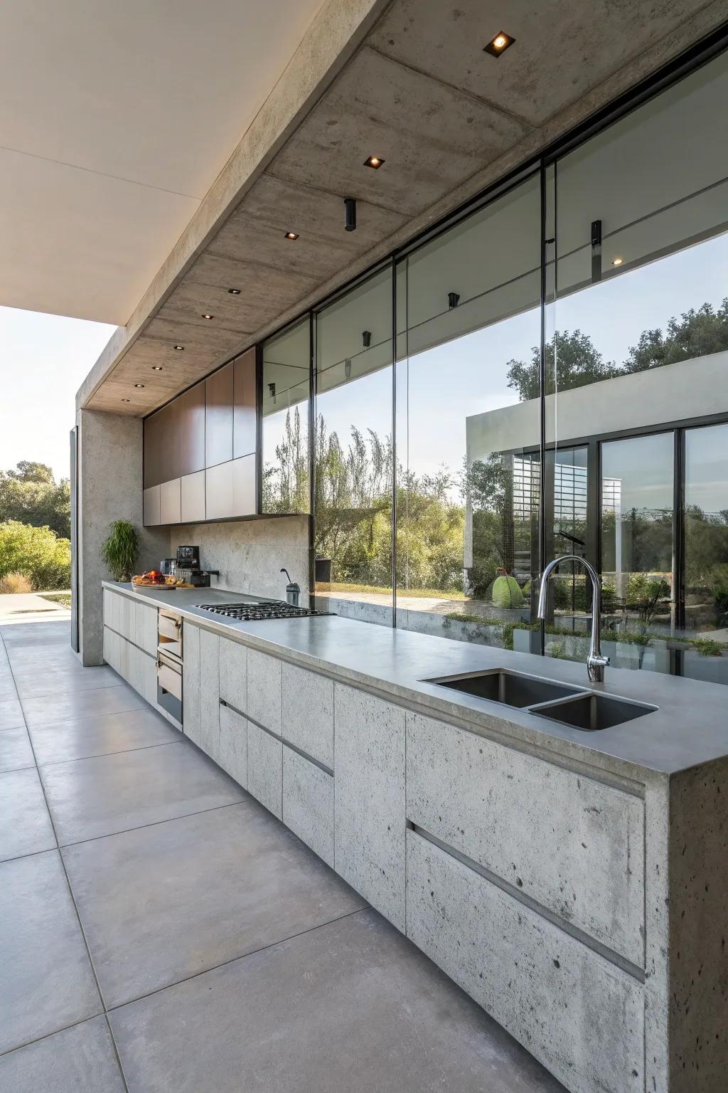 A fusion of modern and industrial styles with concrete and glass.