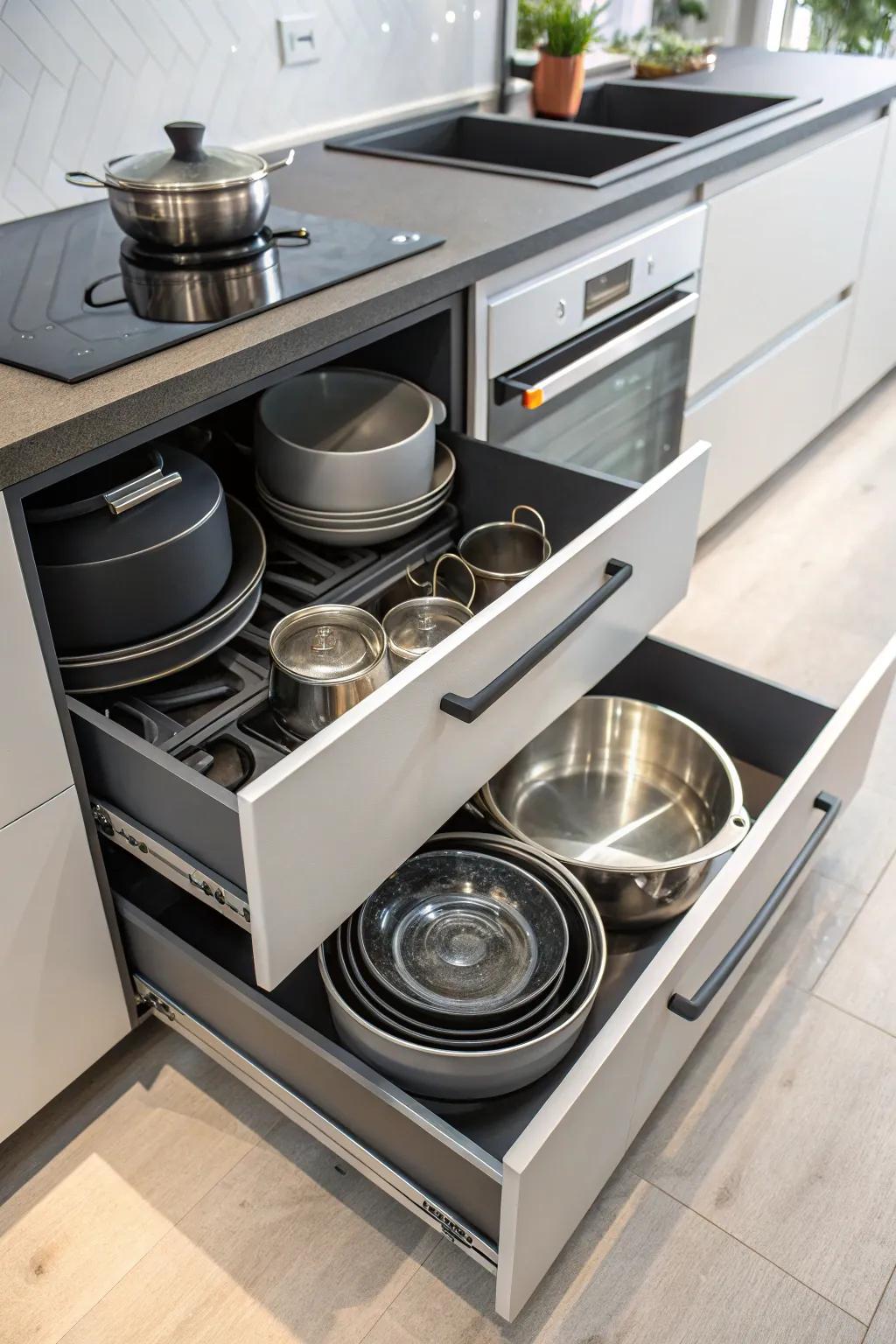 Store your big cookware effectively with wide kitchen drawers.
